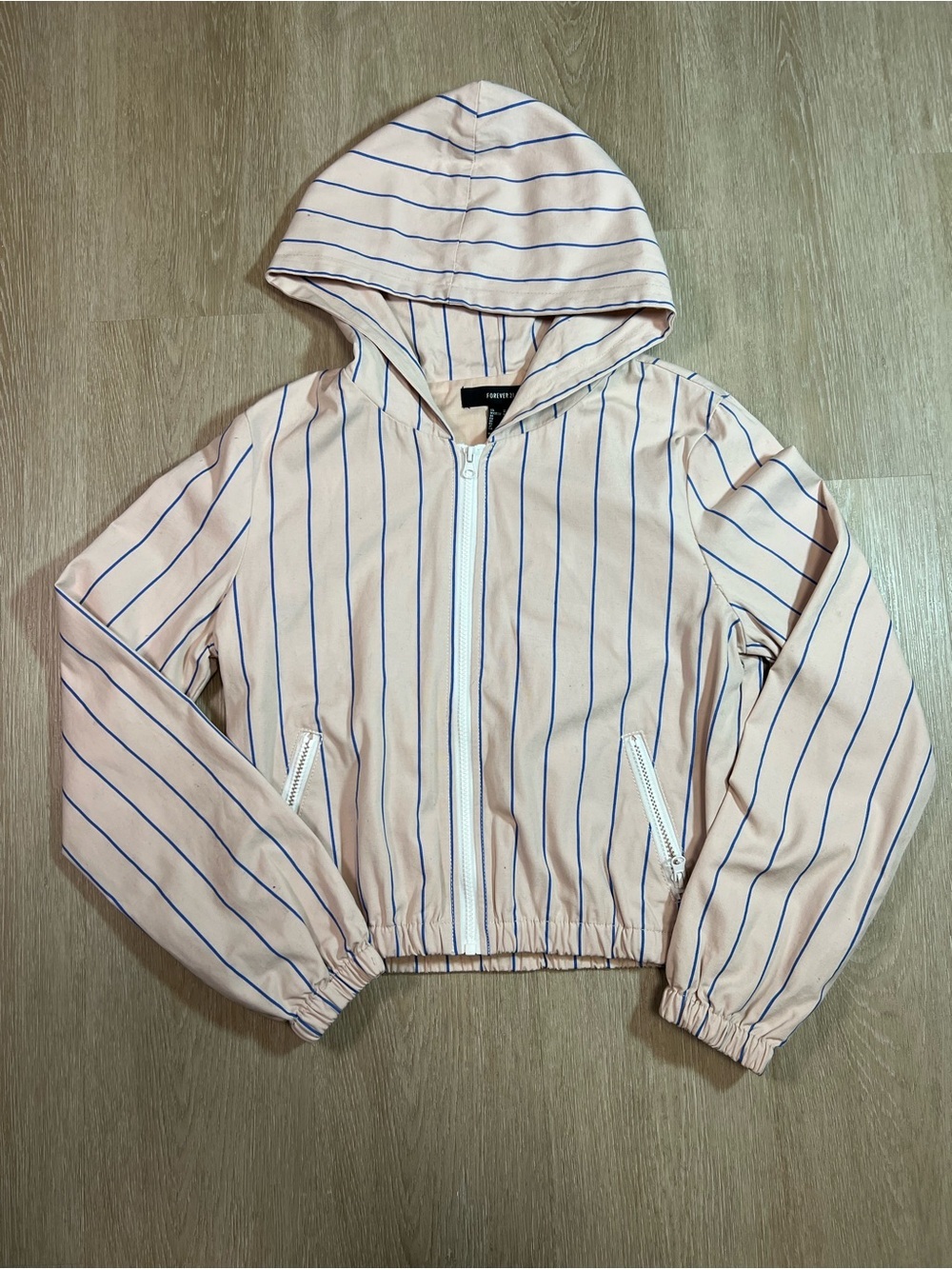 Pink Cropped Hooded Jacket with Blue Pinstipes